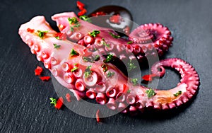 Octopus serving with vegetables, sea food. Freshly boiled curved octopus tentacles dish on a dark stone
