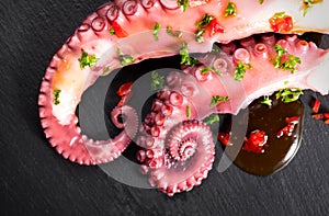 Octopus serving with vegetables, sea food. Freshly boiled octopus tentacles dish on a dark stone slate