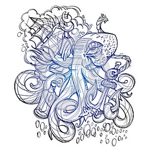 Octopus, a ship and a frigate anchored outline sketch of a tattoo. Monochrome illustration for design t-shirts and other