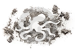 Octopus silhouette drawing design made in pile of ash as a seafood, grill, monster, sea and ocean animal life concept