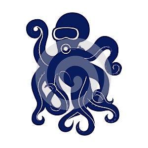 Octopus silhouette icon. Octopus diver for scuba school