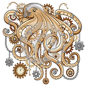 Octopus Steampunk Clocks and Gears Gothic Surreal Retro Style Machine Vector Illustration photo