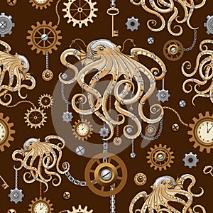 Octopus Steampunk Clocks and Gears Gothic Surreal Retro Style Machine Vector Seamless Pattern