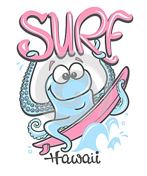 Octopus summer surfing, print design for apparel.