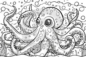 An octopus is swimming in the ocean with bubbles, coloring book for kids.