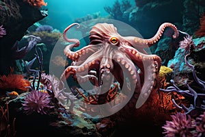 An octopus swimming in the ocean with other octopi, AI