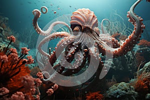 An octopus swimming in the ocean with other octopi, AI
