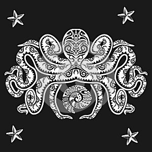 Octopus tattoo in Maori style on a black background. Vector illustration EPS10