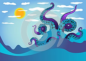 Octopus tentacle in sea waves. Underwater ocean monster Kraken