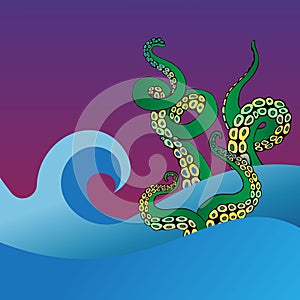 Octopus tentacle in sea waves. Underwater ocean monster Kraken