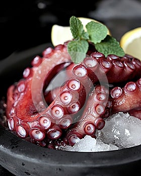 Octopus tentacle served on ice. Generative Ai