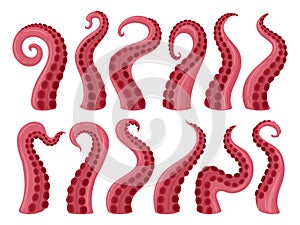 Octopus tentacles. Cartoon marine creature palpus, squid twisted limbs with suckers flat vector illustration set. Ocean cephalopod