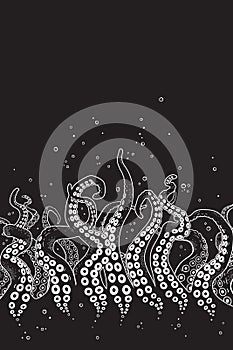 Octopus tentacles curl and intertwined hand drawn black and white line art background or print design vetor illustration photo