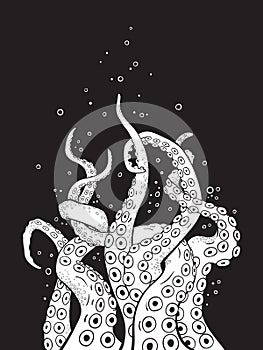 Octopus tentacles curl and intertwined hand drawn black and white line art background or print design vetor illustration