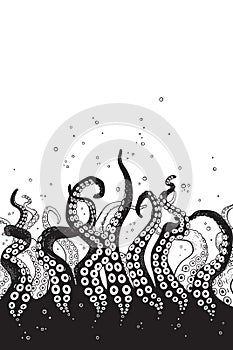 Octopus tentacles curl and intertwined hand drawn black and white line art background or print design vetor illustration