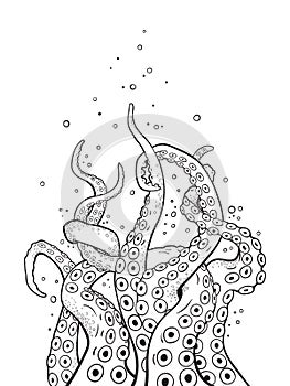 Octopus tentacles curl and intertwined hand drawn black and white line art coloring book pages for kids and adults vetor