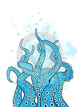 Octopus tentacles curl and intertwined hand drawn line art with blue watercolor elements background or print design vetor