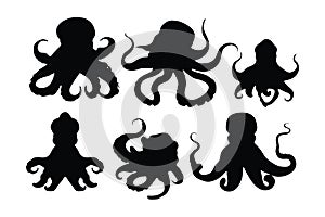 Octopus with tentacles in different positions, silhouette set vector. Big octopus silhouette collection on a white background. Sea