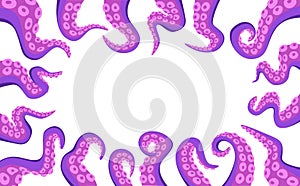 Octopus Tentacles Rectangular Border, Underwater Animal Antennas or Feelers Frame on White Background. Monster Hands