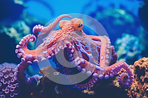 Octopus with tentacles and suckers under ocean or sea water in depth