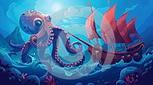 An octopus with tentacles underwater attacks a ship in the ocean. Illustration of a giant sea monster, a giant ocean