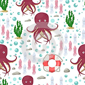 Octopus tentacles vector sea animal seamless pattern background squid marine water seafood ocean fish vector illustration.