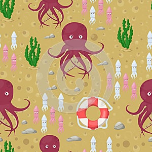 Octopus tentacles vector sea animal seamless pattern background squid marine water seafood ocean fish vector illustration.