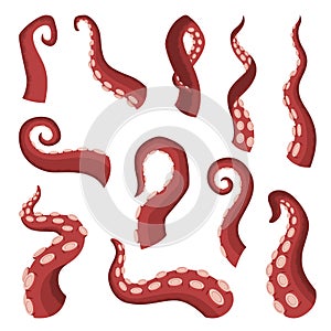 Octopus tentacles on white background. Sea squid vector cartoon icon set. Spooky marine monster arm. Underwater animal