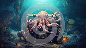 Octopus with Treasure chest underwater in ocean. Generative Ai