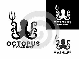 Octopus with trident logo design vector template. Creative octopus logo