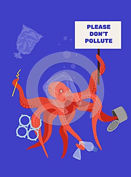 An octopus with an umbrella in his hand is closed from plastic bottles and bags