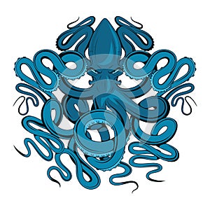 Octopus. Vector Illustration of a tentacles animal. Nautical and marine monster. ?lue squid