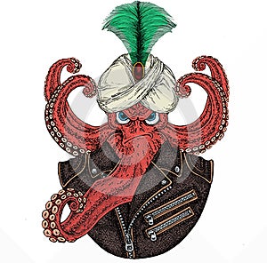 Octopus vector portrait. Sea marine creature, beast. Animal and wizard hat. Sorcerer and magican