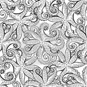 Octopus. Vector seamless background patterns on white. Food vector Illustration. Monochrome. Templates for menu design, packaging