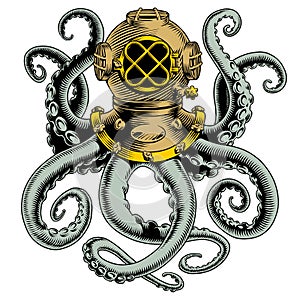 Octopus and vintage diver helmet. Kraken tentacles. T-shirt design, tattoo or label. Comic style vector illustration photo