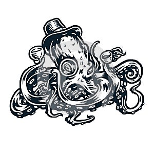 Octopus wears a hat, holds a glass and a Smoking Pipe
