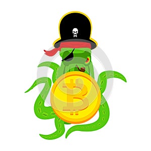 Octopus Web Pirate and bitcoin. Hacker. Thief and crypto