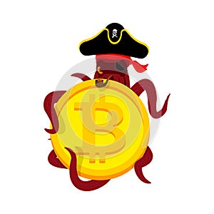 Octopus Web Pirate and bitcoin. Hacker. Thief and crypto currency. Steal virtual money. Vector illustration