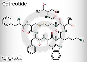 Octreotide molecule. It is octapeptide, synthetic somatostatin analogue, inhibitor of growth hormone, glucagon, insulin.
