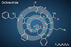 Octreotide molecule. It is octapeptide, synthetic somatostatin analogue, inhibitor of growth hormone, glucagon, insulin.