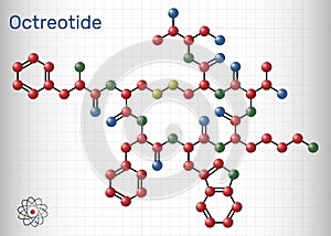 Octreotide molecule. It is octapeptide, synthetic somatostatin analogue, inhibitor of growth hormone, glucagon, insulin. Molecule photo