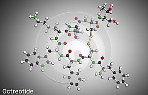 Octreotide molecule. It is octapeptide, synthetic somatostatin analogue, inhibitor of growth hormone, glucagon, insulin. Molecular photo