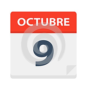 Octubre 9 - Calendar Icon - October 9. Vector illustration of Spanish Calendar Leaf photo