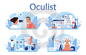 Oculist concept set. Idea of eye exam and treatment. Eyesight diagnosis