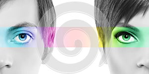 Oculistic concept, portrait half woman half man, eyes colorful r