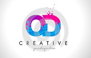 OD O D Letter Logo with Shattered Broken Blue Pink Texture Design Vector.
