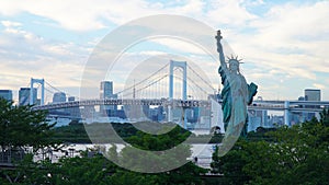 Odaiba, Tokyo. Rainbow Bridge and Statue of Liberty in Japan.