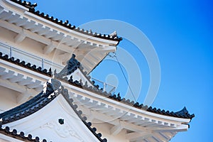 Odawara castle is a Hirayama-style japanese castle, Odawara, Japan. Isolated on blue background.