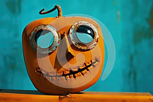 Odd junkyard scrap metal halloween mask in the shape of a Jack-o-Lantern pumpkin - generative AI