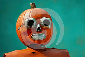 Odd junkyard scrap metal halloween mask in the shape of a Jack-o-Lantern pumpkin - generative AI